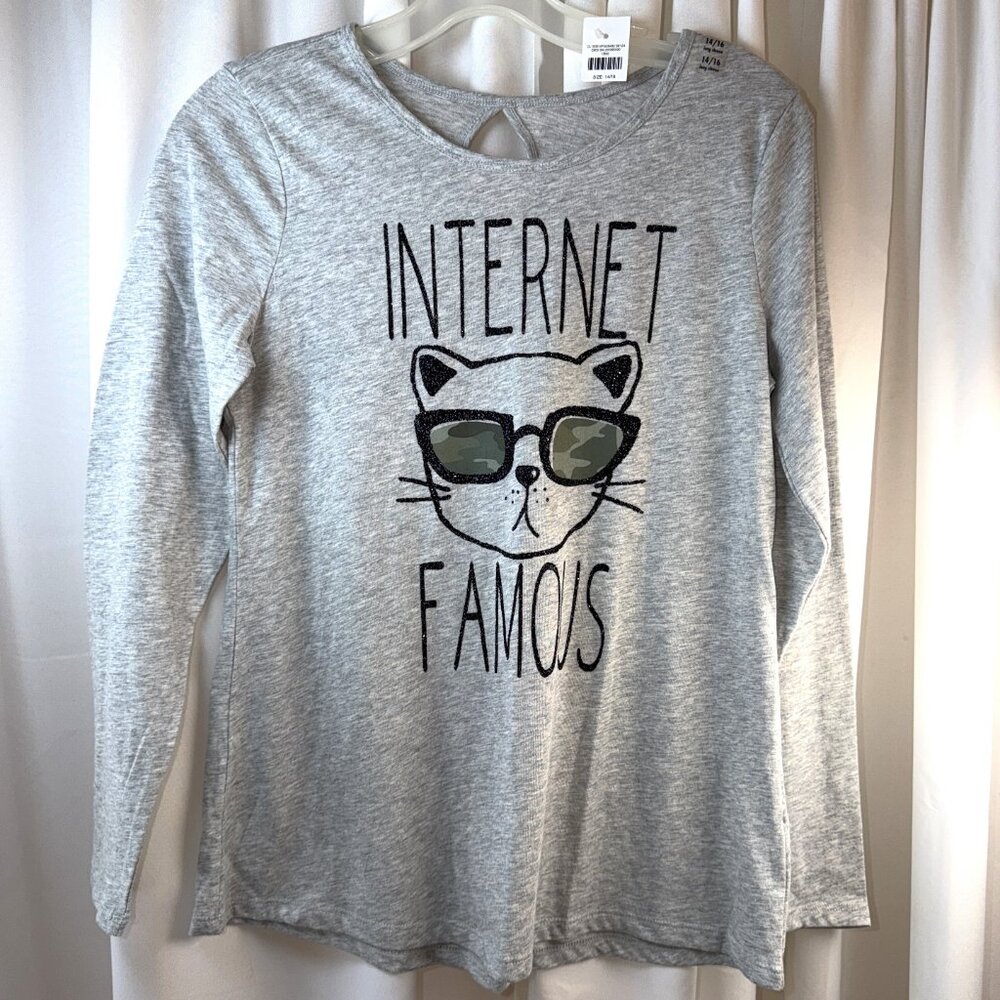 NWT Girls Justice Gray Long Sleeve Top "Internet Famous" Size 14/16